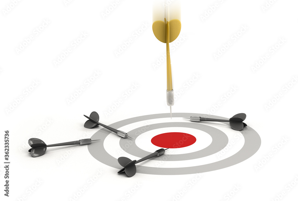Golden and grey dart with dartboard. Golden dart in motion and hitting the center of target. Sales and marketing concept. 3d illustration. Golden and grey dart with dartboard. Golden dart in motion and hitting the center of target. Sales and marketing concept. 3d illustration.
