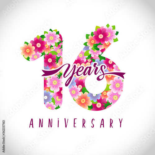 16 th anniversary numbers. 16 years old logotype. Floral pink congrats. Isolated abstract graphic design template. Cute creative holiday age digits, ribbon font. Up to 16%, -16% percent off discount.