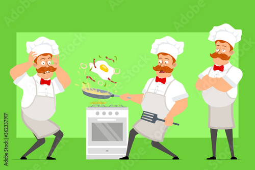Cartoon flat funny fat chef cook man character in white uniform and baker hat. Boy scared and cooking fried egg with bacon. Ready for animation. Isolated on green background. Vector icon set.