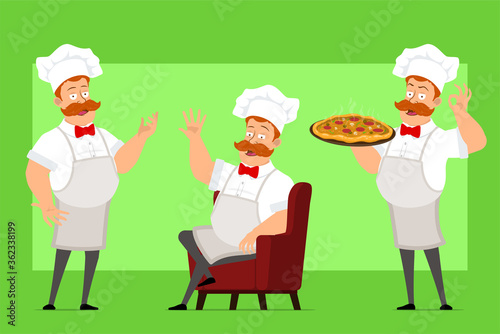 Cartoon flat funny fat chef cook man character in white uniform and baker hat. Boy resting, carrying italian pizza with salami. Ready for animation. Isolated on green background. Vector icon set.