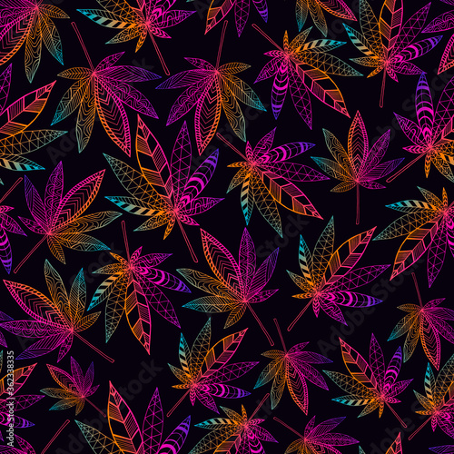 Bright hallucinogenic trippy fantastic cannabis leaves, rainbow neon gradient outline color.