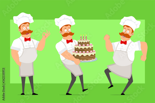 Cartoon flat funny fat chef cook man character in white uniform and baker hat. Boy carrying birthday cake and showing okay sign. Ready for animation. Isolated on green background. Vector icon set.