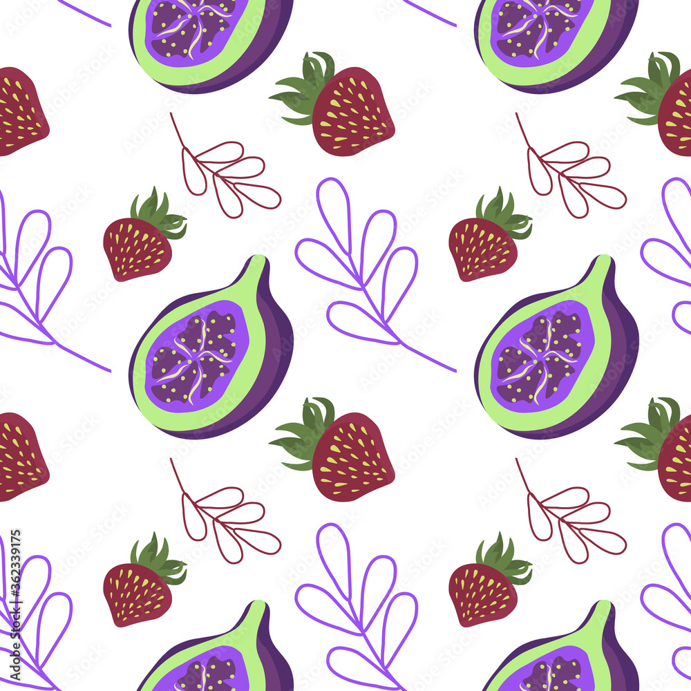 vector illustration . repeating pattern, summer fruit theme, berries, figs,eaves, fruits, print blank, textile