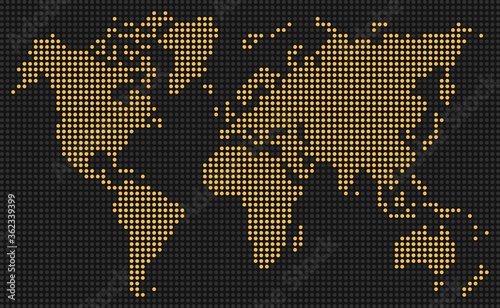 yellow dots of digital display on black  background,dotted world map,vector and illustration