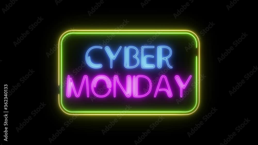 Cyber Monday animation neon light sign at black background . Sale banner blinking neon sign style for promo video. Concept of sale and clearance. Cyber Monday animation neon light sign at black background . Sale banner blinking neon sign style for promo video. Concept of sale and clearance.