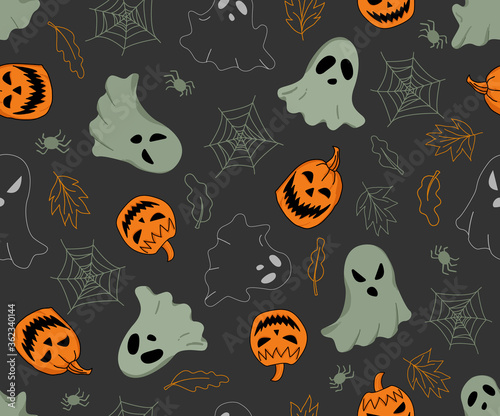 Halloween vector seamless pattern with ghosts, pumpkins, spiders and autumn leaves. Dark gray background.