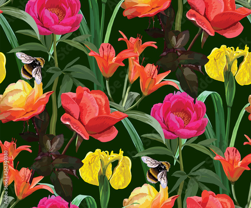 
Floral background with irises, peonies and roses. Vector stock illustration Floral background