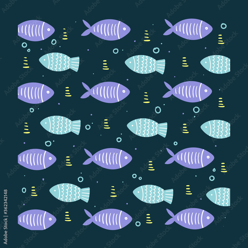 Poster with little fishes in cartoon style. Hand drawing. Vector illustration on a white background. Poster with little fishes in cartoon style. Hand drawing. Vector illustration on a white background.