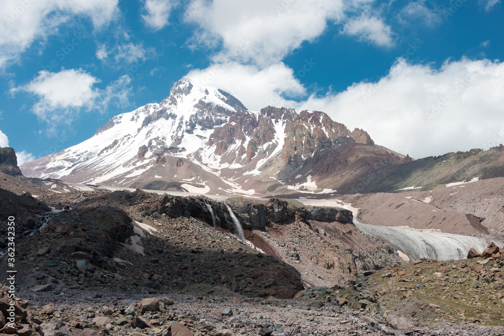 Mount Kazbek (5047m) at Gergeti Glacier. a famous landscape in Kazbegi, Mtskheta-Mtianeti, Georgia.