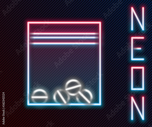 Glowing neon line Plastic bag of drug icon isolated on black background. Health danger. Colorful outline concept. Vector Illustration.