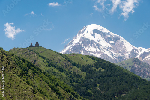 Mount Kazbek at Gergeti Trinity Church. a famous landscape in Kazbegi, Mtskheta-Mtianeti, Georgia.
