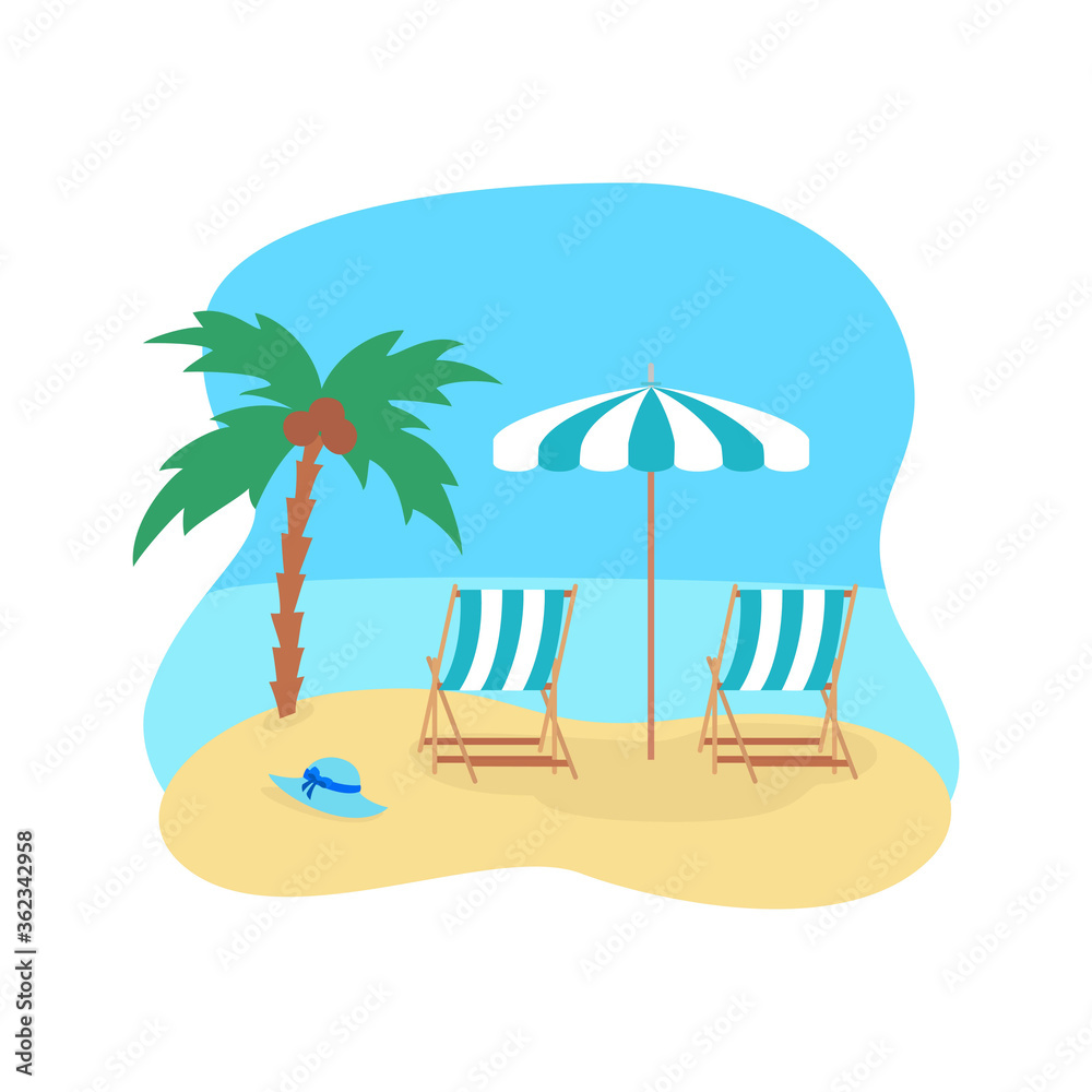 Beach scene with umbrella and beach chairs. Summer vacation concept.