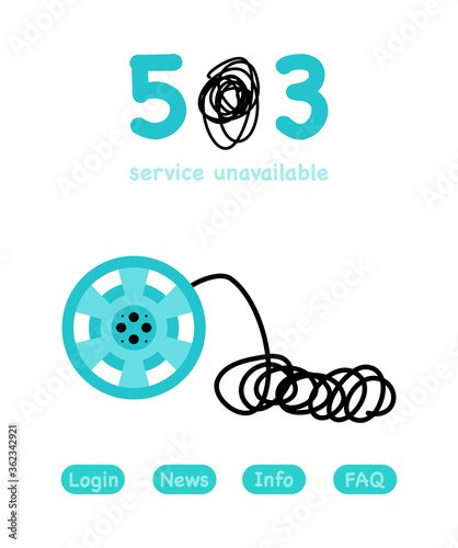 503 system error. Server unavailable now. Website template or banner. Broken videotape, cassette with clew of wire . Vector illustration in cartoon style. Technical problems. Support service.