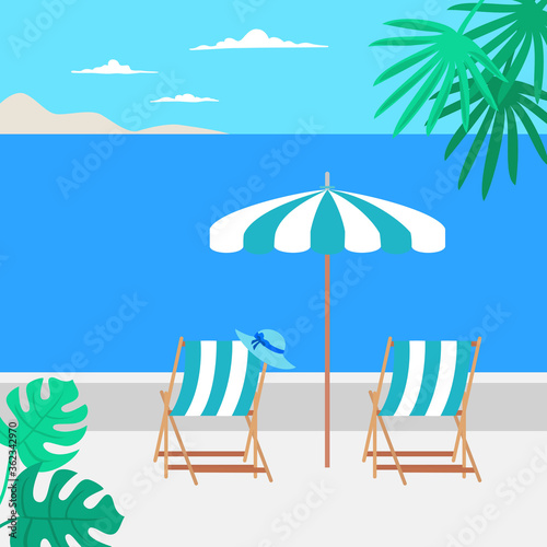 Summer vacation concept with umbrella and beach chairs.