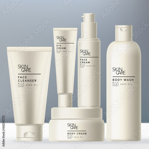 Vector Minimal Cream Color Toiletries Set with Tube, Jar, Bottle Packaging.