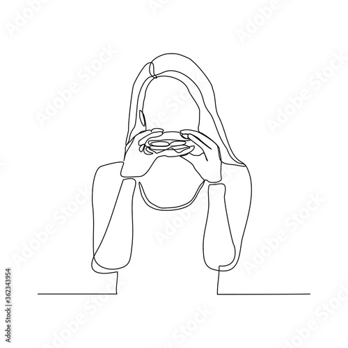 Continuous line drawing of woman hold and eat hamburger fastfood. One line art of diabetes concept. Vector illustration