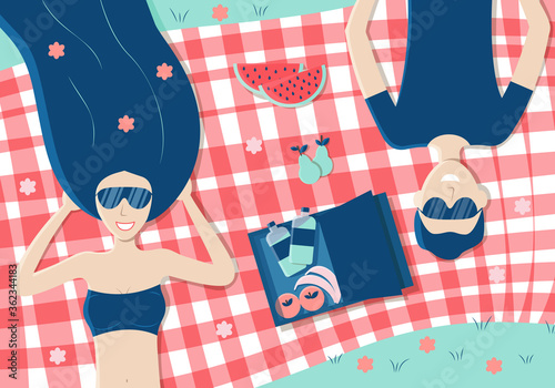 Young couple lying on plaid picnic blanket in park. Man and woman wearing sunglasses. Picnic basket with fruit, snacks, and fresh water. Bright summer vector illustration