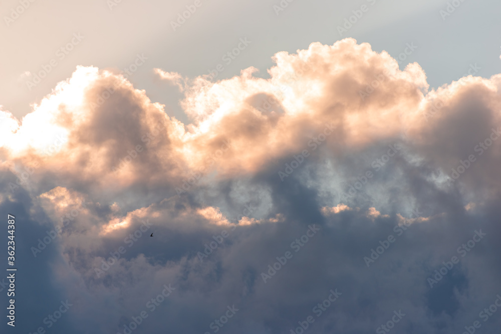 Beautiful rain clouds close-up before sunset. Cumulus clouds close up