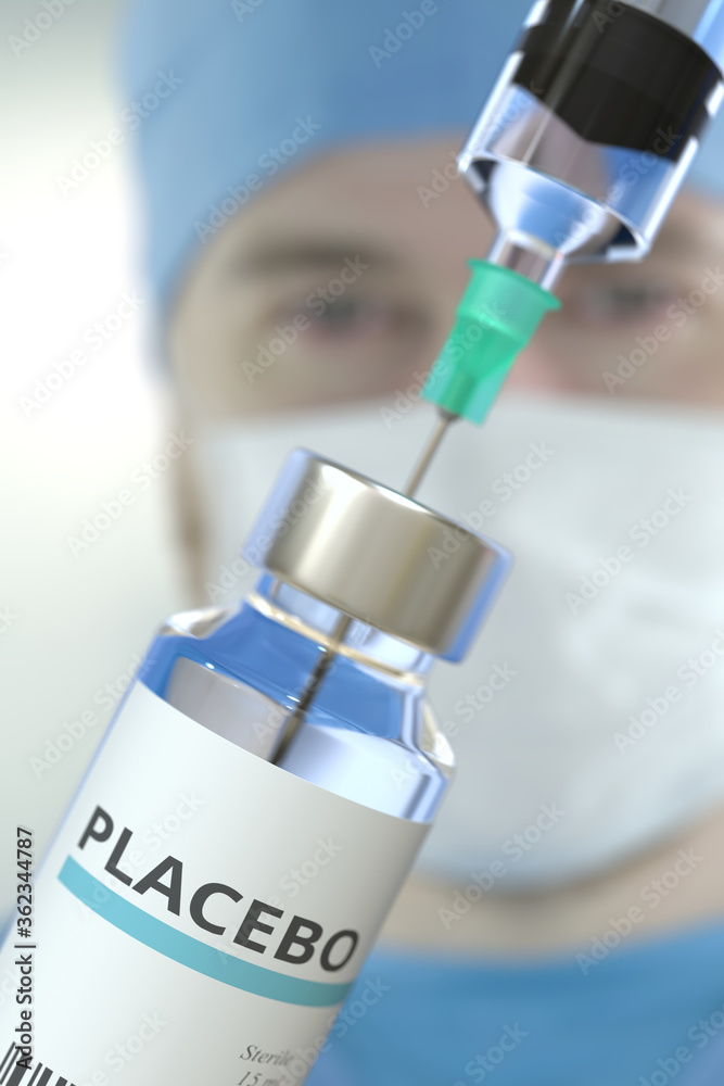 Vial with placebo medicine and syringe against blurred doctor's face. 3D rendering