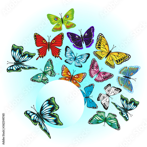 A set of bright colorful butterflies isolated on a white background
