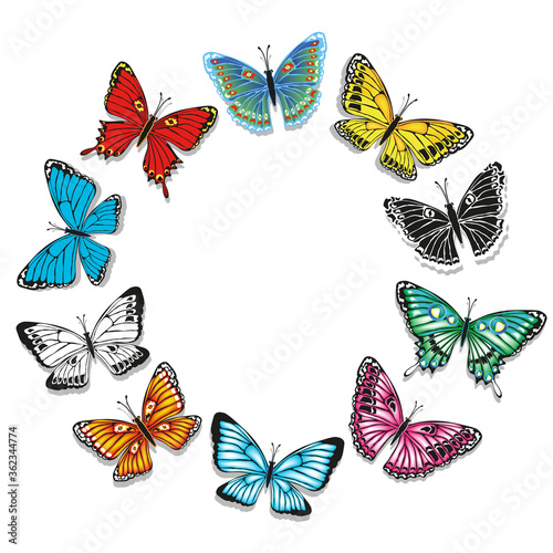 A set of bright colorful butterflies isolated on a white background