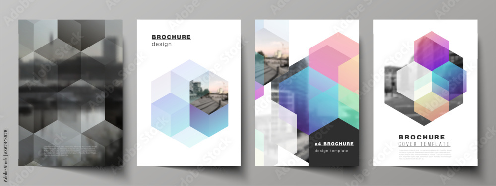 Vector layout of A4 format cover mockups design templates with abstract shapes and colors for brochure, flyer layout, booklet, cover design, book design, brochure cover. - obrazy, fototapety, plakaty 