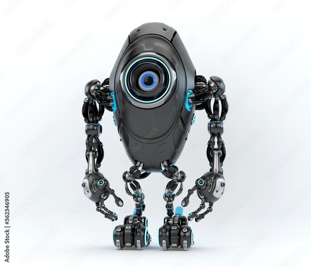 Fototapeta premium Sleek black long robotic beetle with one big eye camera in frontal pose, 3d rendering