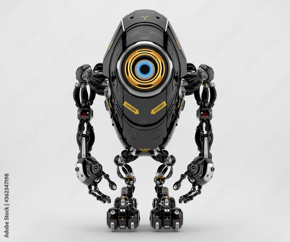 Sleek black long robotic beetle with one big eye camera in frontal pose, 3d rendering
Sleek black long robotic beetle with one big eye camera in frontal pose, 3d rendering