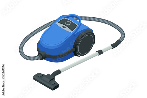 Isometric vacuum cleaner isolated on white background. Blue vacuum cleaner. Cleaning service concept. Disinfection and cleaning.