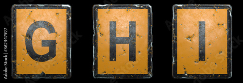 Set of capital letter G, H, I made of public road sign orange and black color on black background. 3d