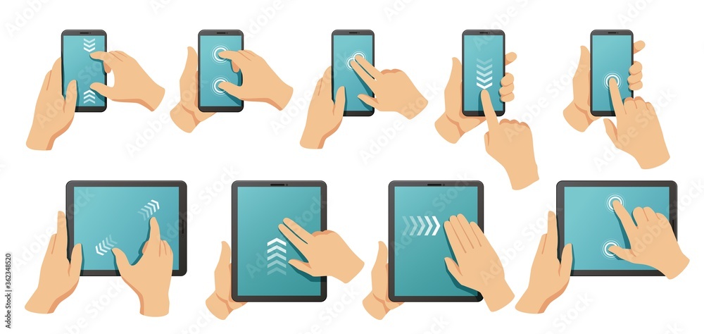 Touchscreen gestures. Hands on smartphone and tablet multi touch screen.  Pinch to zoom, swipe and click gesture vector illustration set. Screen  touch drag, smartphone gesture move slide Stock Vector | Adobe Stock