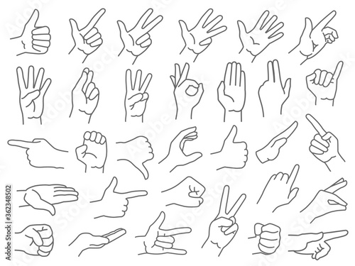 Line hands gestures. Like and dislike hand gesture icon, pointing finger and strong fist icons vector illustration set. Gesture hand, finger line and palm gesturing photo