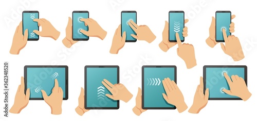 Touchscreen gestures. Hands on smartphone and tablet multi touch screen. Pinch to zoom, swipe and click gesture vector illustration set. Screen touch drag, smartphone gesture move slide