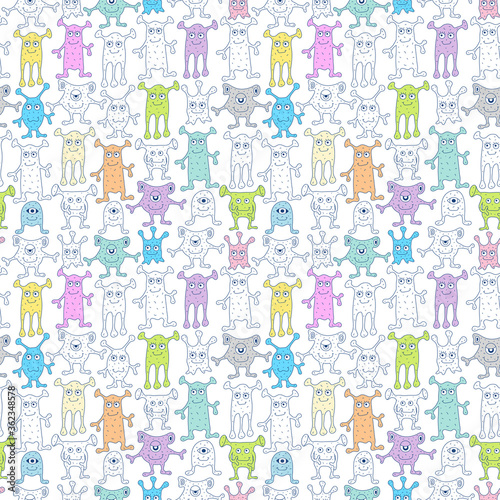 Cute monsters seamless pattern. Cartoon background for coloring 