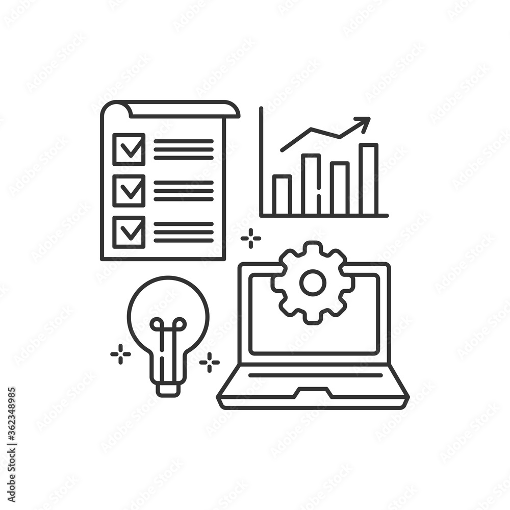 Business project black line icon. Development process. Innovation product, creative idea. Sign for web page, app. UI UX GUI design element. Editable stroke. Business project black line icon. Development process. Innovation product, creative idea. Sign for web page, app. UI UX GUI design element. Editable stroke.