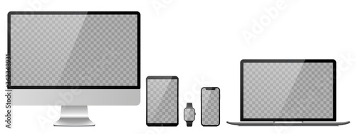 Devices with transparent wallpaper mockup. Device size screen, gadget display template, computer desktop, smartphone and smart watch. Vector illustration
