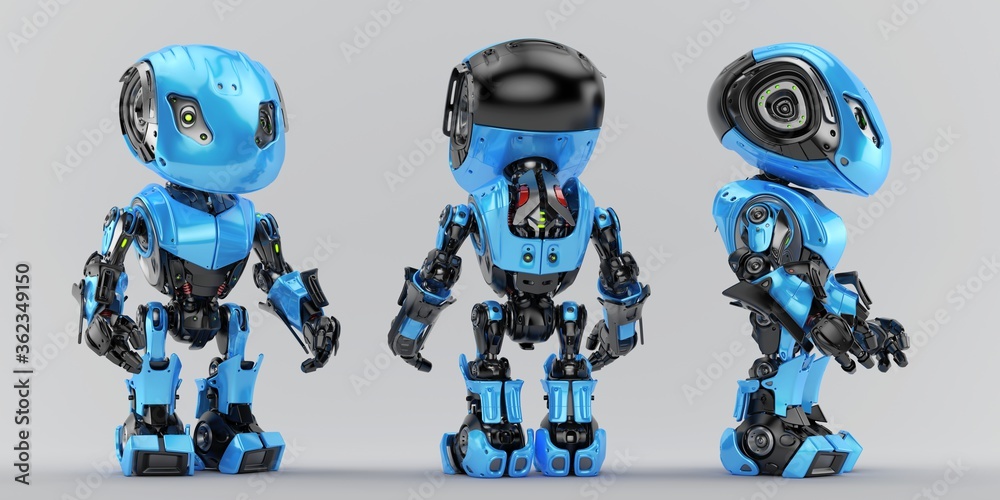 Three poses of blue-black robotic character, back, front & side 3d renderings