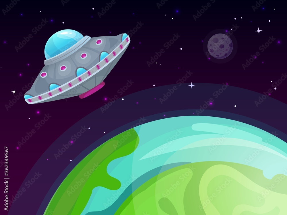 UFO vector concept. Spaceship travel, sci-fi in night sky, futuristic universe transport, unknown extraterrestrial shuttle, vector illustration UFO vector concept. Spaceship travel, sci-fi in night sky, futuristic universe transport, unknown extraterrestrial shuttle, vector illustration