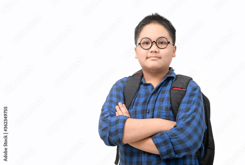 Portrait of smart boy student wear eye glasses and carries school bag isolated Portrait of smart boy student wear eye glasses and carries school bag isolated