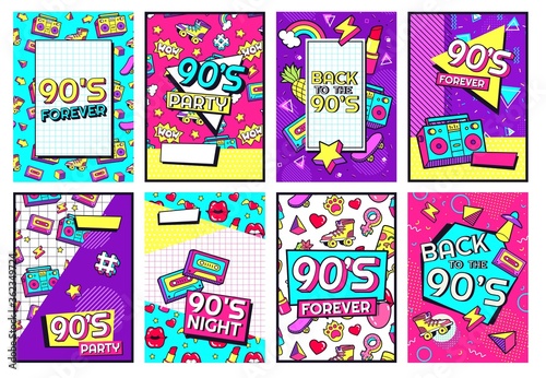 Retro 90s poster. Nineties forever, funky 1990s music night party posters and pop flyer card vector set. 1990s pattern entertainment invitation with cassette and memphis pattern illustration photo