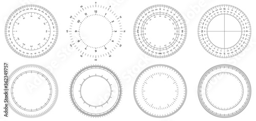 Round measuring circles. 360 degrees scale circle with lines, circular dial and scales meter vector set. Illustration circle degree, meter circular 360, measurement time or angle photo