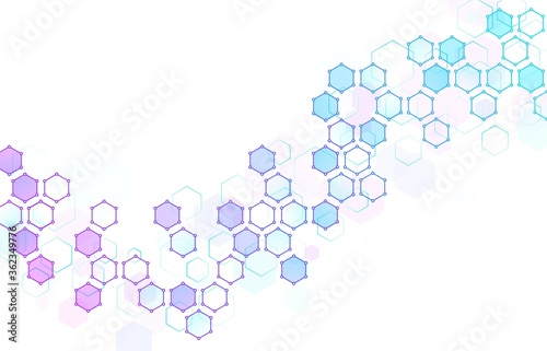 Abstract hexagonal molecular structure. Hexagons wave, geometric data backdrop and futuristic technical cell structures vector background illustration. Medicine molecular chromosome cell structure
