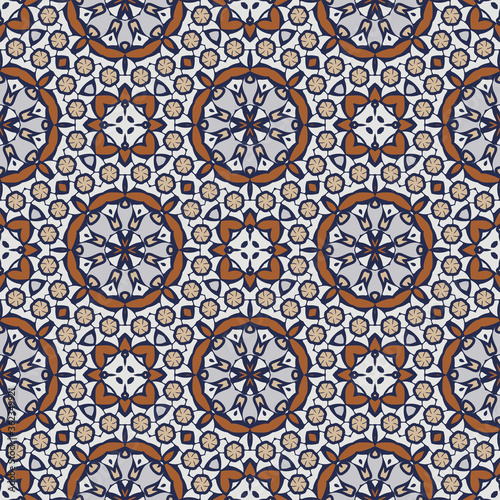 Seamless mandala pattern in beige, blue and orange for decoration. Print for paper wallpaper, tiles, textiles,carpet,pillows. Home decor, interior design.