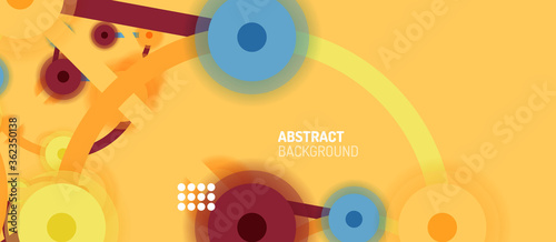 Flat style geometric abstract background, round dots or circle connections on color background. Technology network concept.