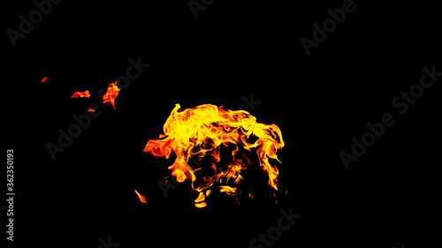 Fire flames on black background isolated. Burning gas or gasoline burns with fire and flames. Flaming burning sparks close-up, fire patterns. Infernal glow of fire in the dark with copy-space