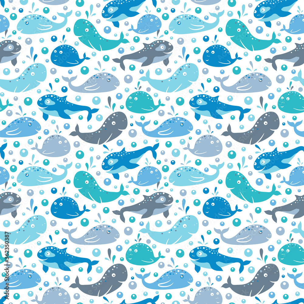 Naklejka premium Cartoon seamless pattern with whales and water bubbles. Sea background for kids 