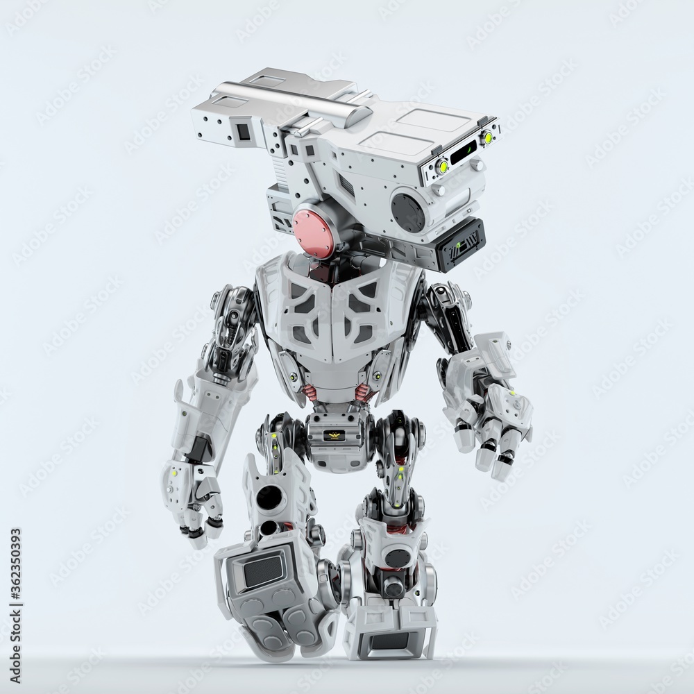 Stylish silver robot walking. Assistant bot for video surveillance, 3d rendering in front Stylish silver robot walking. Assistant bot for video surveillance, 3d rendering in front