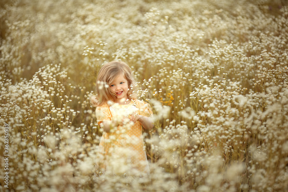 A little blonde girl is having fun and jumping in a field with small white flowers daisies. Image with selective focus. A little blonde girl is having fun and jumping in a field with small white flowers daisies. Image with selective focus.