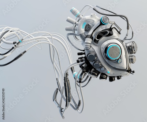 Concept of white artificial robotic heart with many wires connected, 3d rendering