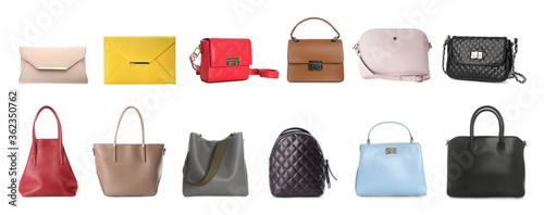 Set of different woman's bags on white background. Banner design